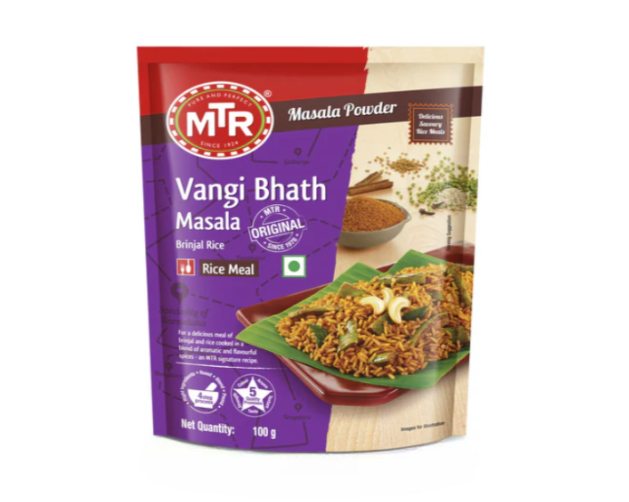 MTR Vangi Bhath 100g pack available at Worldfoodhub – Authentic South Indian brinjal rice mix