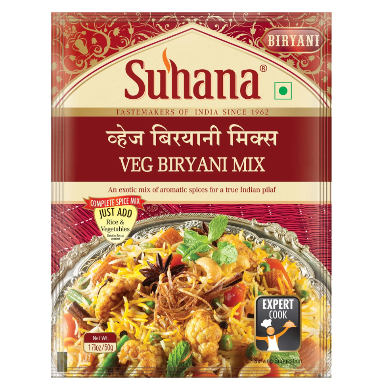 Suhana Vegetable Biryani Mix Pack on Worldfoodhub, premium Indian rice spice mix for flavorful biryani